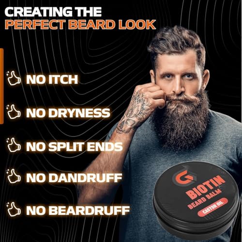 Beard Balm with 2X Concentration Biotin, Beard Growth Balm for Men - Mustache Wax & Beard Conditioner for Growth - Hydrates, Thickens Facial Hair Growth - Made with Castor Oil & Argan Oil - 2 Ounce