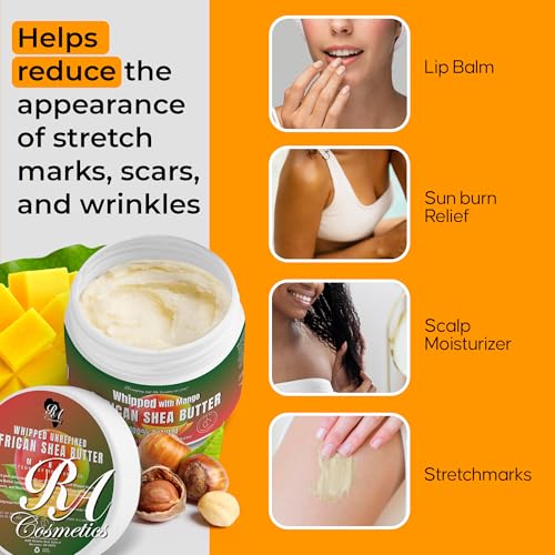 RA COSMETICS Whipped Shea Butter with Mango Extract ? 100% Unrefined Shea Body Butter from Ghana ? Moisturizes Skin, Nourishes & Conditions Hair, Scalp ? Softens and Smooths Lips, Hands & Feet ? 12oz