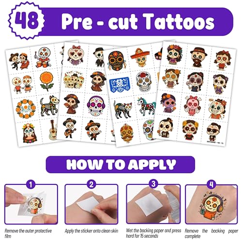 72PCS Day of the Dead Party Set | 48PCS Temporary Tattoos & 24PCS Slap Bracelets Fun D?a de los Muertos Birthday Supplies, Baby Shower Gifts, Classroom Rewards & Party Decor for Kids