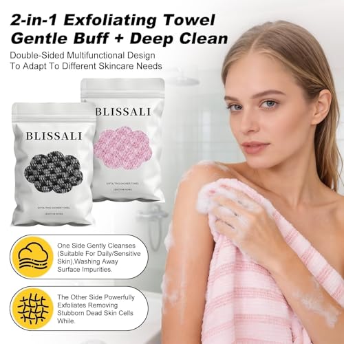 Blissal 2-in-1 Exfoliating Shower Towel,47" Advanced Exfoliating Microfiber Towel, Premium Scrub Wash Cloth for Body Face,Travel Friendly, Quick Drying Travel Bath Washcloth (Black+Pink)