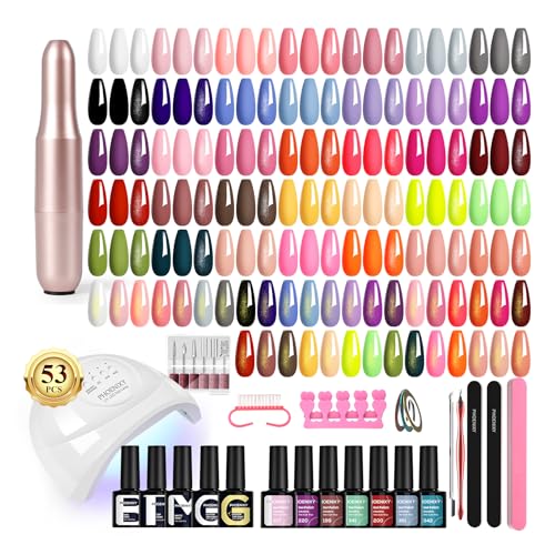 PHOENIXY 53 Pcs Gel Nail Polish Kit with U V Light Nail Drill, 35 Colors Gel Nail Kit Pink 5Pcs Glossy Matte Glitter Gold Silver Top Base Coat for DIY Home Manicure Gift Sets for Women