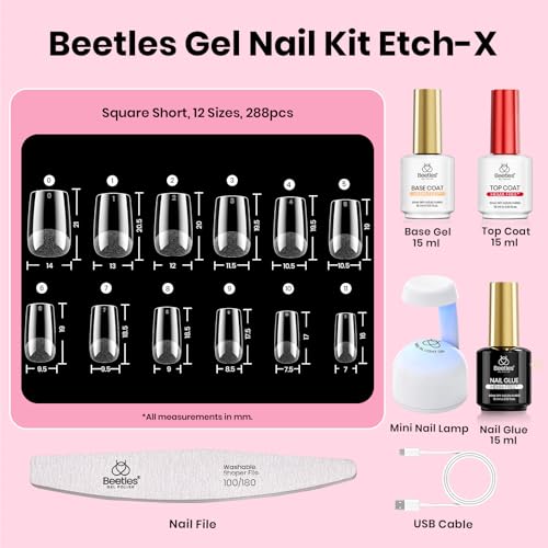 Beetles Gel Nail Kit Etch-X, Square Short, 288pcs 12 Sizes Nail Tips, 3Pcs 15ml HEMA-Free Nail Glue Top Coat & Base Gel Set, with Mini Lamp, Press On Nail, Long Lasting Extension DIY Set at Home