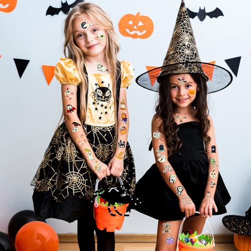112 Pcs (2" x 2") Glow Halloween Tattoos for Kids, Luminous Halloween Temporary Tattoos for Party Favors Supplies Goodie Bags Gifts Decorations