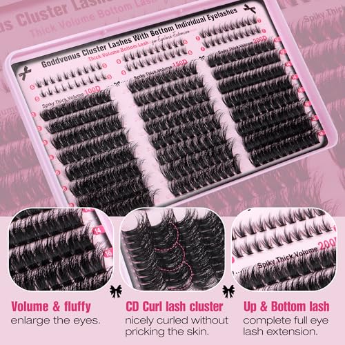 Lash Clusters Volume Cluster Eyelash Extensions D Curl Waterproof Individual Lashes 240pcs Fluffy Faux Mink Cluster Lashes and 60pcs Bottom Lashes for DIY Eyelash Extension