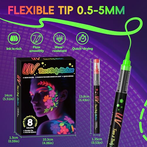 8-color luminous body painting, UV neon face painting pen, luminous face painting kit, washable skin tattoo pen, Halloween party makeup (8 colors)