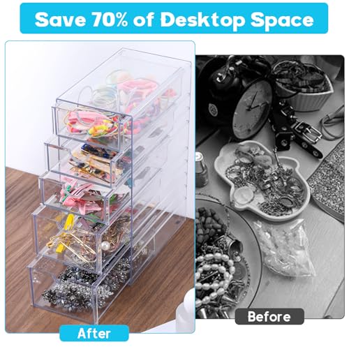 5-Drawers Plastic Storage Organizer, Clear Hair Accessories Organizer with Large Capacity, Plastic Clear Hair Accessories Storage with 5 Drawers for Bathroom, Dresser, Cosmetic