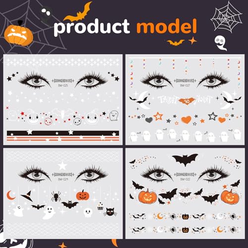 Halloween Face Temporary Tattoos for Kids 12 Sheets Day of the Dead Pumpkin Spider Bat Ghost Tattoo Stickers Cute Face Makeup Decals for Halloween Party Decorations