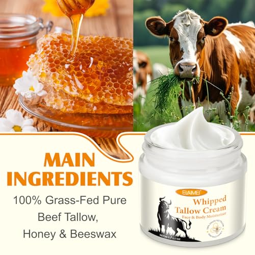 Grass-Fed Tallow & Raw Honey Balm | Whipped Skin Cream for Face & Body | Soothes & Repairs Dry, Sensitive Skin | Organic, All-Natural Deep Hydration (2.1 oz)