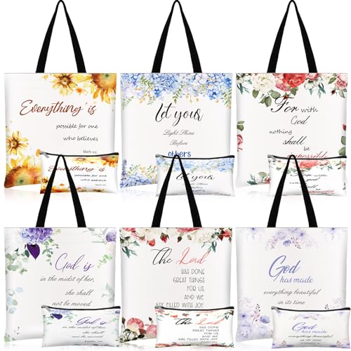 12 Pcs Christian Gift Bible Tote Bags for Women Christian Makeup Bags Bulk Inspirational Religious Floral Canvas Church Bag Reusable Bible Verse Toiletry Pouch for Women Travel Gift