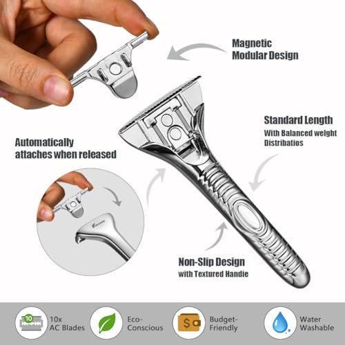 Single Blade Razors for Men and Women, Reusable Modular Safety Razor with Magnetic Head and Metal Non-Slip Grip, 10 Single Edge Razor Blades & Leather Case,Silver Roller