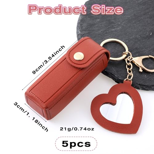 5 PACK Lipstick Holder Keychain with Mirror, PU Leather Portable Lipsticks Holder Soft Leather Portable Lipstick Pouch with Metal Key Ring for Travel Party Gift Valentine's Day for Women