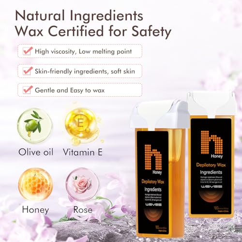 Roll On Wax Kit, Wax Roller Kit - Waxing Kit for Women & Men with 2 Honey Wax Refills & 50 Wax Strips, Home Hair Removal for Body and Legs, Easy Painless & Smooth