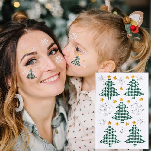 3Pack Christmas Face Rhinestone Sticker Self Adhesive Gems Stick on Christmas Tree Santa Face Jewels Tattoo Stickers Crystal for Body Nails Crafts Makeup Winter Holiday Xmas Decoration