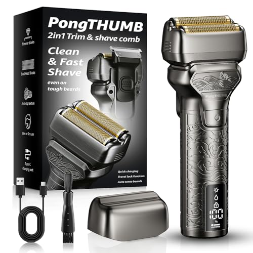 Electric Razor for Men with Pop-Up Trimmer: Rechargeable Cordless Foil Shaver for Face - Wet/Dry/Anti-Slip Waterproof Shavers with LED Display - Metal Handheld Design Light Gray