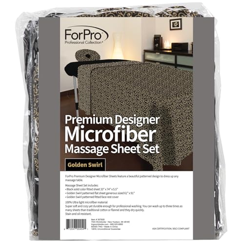 ForPro Premium Designer Microfiber 3-Piece Massage Sheet Set, Golden Swirl with Black Fitted Sheet