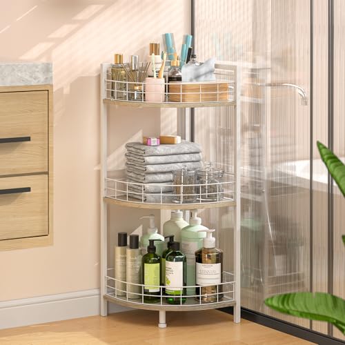 Bathroom Standing Shelf, 3 Tier Free-Standing Shelf Units, Open Floor Shelves, Triangular Curved Corner Shelf Stand for Small Space, Ideal for Bathroom,Kitchen,Vanity Storage and Organizer