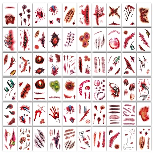 60 Sheet Halloween Zombie Scars Tattoo Stickers - Fake Scab Blood Special Fx Costume Makeup Props for Masquerade Party Prank Decorations