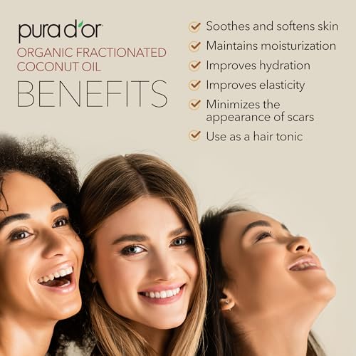 PURA D'OR 16 Oz ORGANIC Fractionated Coconut Oil ? USDA Certified ? MCT Oil ? Therapeutic, Hydrating, Lightweight Moisturizer ? Hexane Free Carrier Oil For Essential Oils & Massage ? Face, Hair & Body