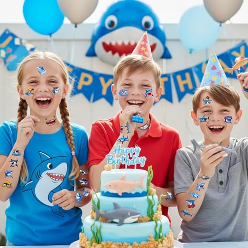 Shark Temporary Tattoos | Ocean Themed Shark Party Decorations Birthday Party Favors Supplies Accessories Stickers Under The Sea Themed Gift Idea For Kids Teen Boy Girl Adult 60Pcs 4 Sheets Pre-cut