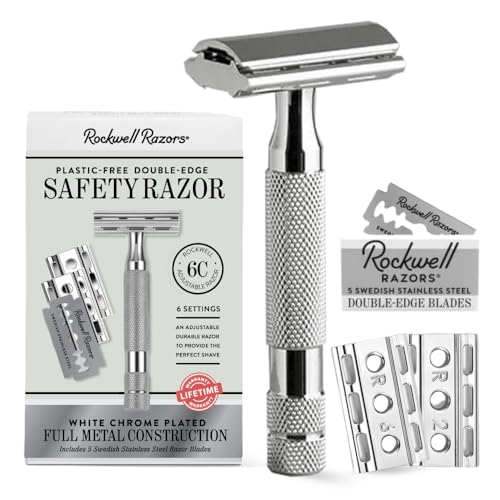 ROCKWELL RAZORS 6C White Chrome Safety Razor for Sensitive Skin. Reduces Razor Burn and Irritation. Comes with 6 Adjustable Shave Settings and 5 Recyclable Blades. Reusable Razor for Men and Women