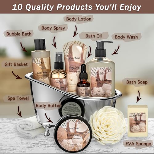 Spa Gift Baskets For Women - Luxury Bath Set With Coconut & Vanilla - Spa Kit Includes Body Wash, Bubble Bath, Lotion, Body Butter, Soap, Body Spray, Shower Puff, and Towel