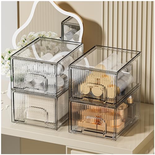 ZHIAI 4 Pack Clear Stackable Storage Drawer, Acrylic Drawer, Cosmetic Organizer, Plastic Organizer for Dresser, Under, Kitchen Cabinet, Pantry, Home Organization and Storage