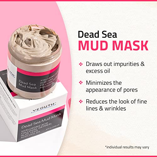 YEOUTH Dead Sea Mud Mask for Face with Hyaluronic Acid and Avocado Oil, Revitalizing Face Masks for Smoother Looking Skin 8oz