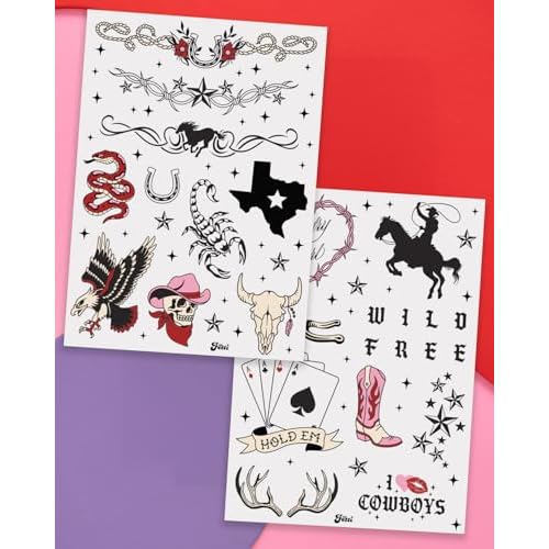 xo, Fetti Realistic Western Temporary Tattoos - 38 pcs | Rodeo Bachelorette, Birthday Favors, Cowgirl Party Accessory, Wild West Fake Tats