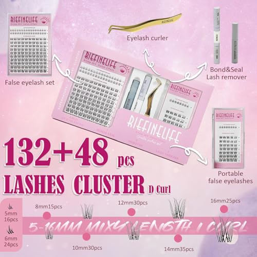 Natural Lash Clusters Kit DIY Lash Extensions Wispy Eyelash Clusters Kit Cat Eye Cluster Eyelash Extensions Salon 150-Hour Wear, 5-16mm Individual Lashes with Bond and Seal, Remover At Home 180pcs