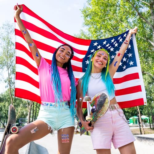 HOWAF 4th of July Temporary Tattoos-5 Sheets Glow Independence Day Face Tattoo 50+pcs Giltter USA Patriotic Tattoos Stickers, American Flag Red White Blue Tattoos Stickers for Face Body Decor