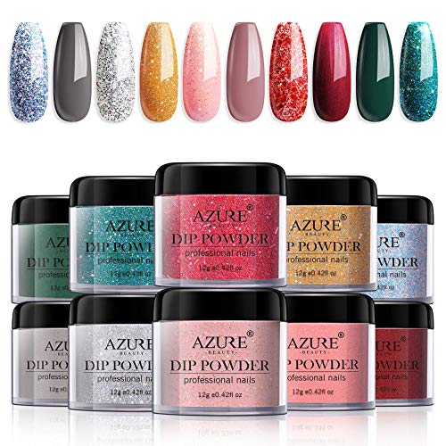 AZUREBEAUTY 10 Colors Dip Powder Starter Kit Red Green Dipping Powder System Essential Kit with 5pcs Dip Powder Gel Liquid Set, including Bond,Activator,Base,Top,Brush Saver 0.5oz