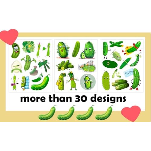 CupaPlay 300 PCS Cute Pickle Cucumber Tattoos Temporary Stickers for Kids - Vegetable Theme Party Supplies Decorations Birthday Fruit Party Favors Goodie Bag Stuffers Favors Prize(30 Sheets)