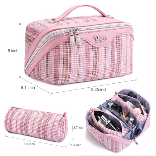 BOYATU Travel Makeup Bag for Women: Large Capacity Open Flat Make up Bag Set of 3 - Vegan Leather Cosmetic Bag with Compartments - Waterproof Toiletry Bag with Handle & Divider(I-1-Pink)