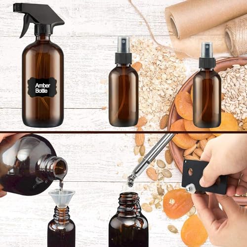 14 Pack amber glass bottle Set,Empty Boston Round Bottles with Adjustable Nozzle,Multi Size and Versatile(16oz,8oz,4oz,2oz,1oz) x 2, 10 ml Roller Bottle x 4 with Labels