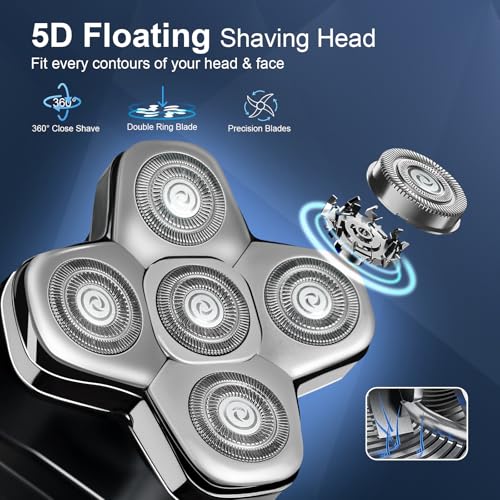 Head Shavers for Bald Men - 5-in-1 Bald Head Shaver, Ipx7 Waterproof Men's Rotary Shavers, Double-Ring Electric Razor for Men, with Led Smart Display,Wet/Dry Shaving for Head Face Beard Nose