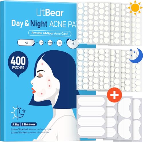 LitBear Pimple Patches for Face, 400 Counts Day and Night Acne Patches, Hydrocolloid Patches for Covering Zit and Blemishes, Large Breakouts, 5 Sizes Thin & Thick Spot Dots Stickers for Chin, Forehead