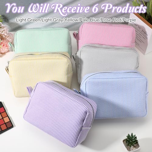 6 Pcs Seersucker Cosmetic Bag Seersucker Makeup Bags Women Stripe Large Travel Toiletry Organizer Preppy Storage Pouch Seersuck Travel Toiletry Bag for Embroidery Wedding Bridesmaid Bride Mom Gift