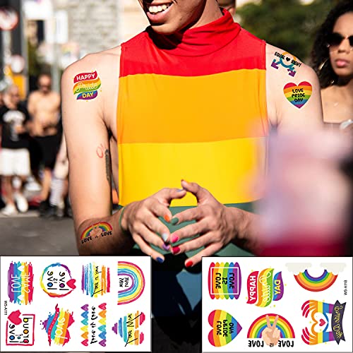 HAOYAN 10 Sheets LGBT Pride Day Temporary Tattoo Sticker Rainbow Pattern Love Is Love Flash Waterproof Fashion Body Art Men Women Child