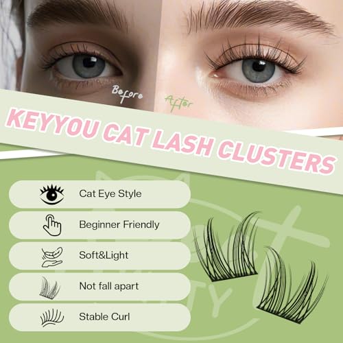 KEYYOU Bunny Lash Clusters Kit Anime Cat Eye Lashes 108pcs Wispy Natural Cat style Lash Extension Kit with Bond and Seal,Applicators,Remover for Manga DIY Eyelash Extension Kit at Home£¨MC02£©
