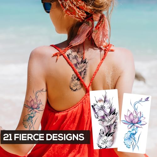 21 Sheets Large Temporary Tattoos Flower Paper Sexy Body Tattoo Sticker for Women & Girl Fake Tattoo (Lily, Peach, Plum, Peony)