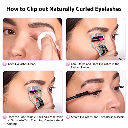 Stainless Steel Eyelash Curler with Built-in Comb Pinch Pain-Free Lash Curler with Brush Suitable for Any Eye Shapes and Sizes and with 5 Silicone Refill Pads (Black)