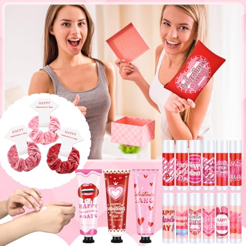 12 Sets / 72 Pcs Valentine's Galentine's Day Gifts Travel Size Hand Cream for Dry Cracked Hands and Lip Balm, Makeup Bag, Hair Scrunchies Bulk Set with Organza Bag Heart Gift Card for Women