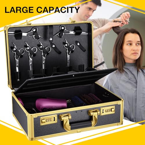 Noverlife Gold Password Lock Barber Carrying Case, 16x11x6in Large Salon Hair Cutting Tools Storage Box, Portable Hairdresser Travel Suitcase Grooming Scissor Organizer for Hairstylist Pet Groomer