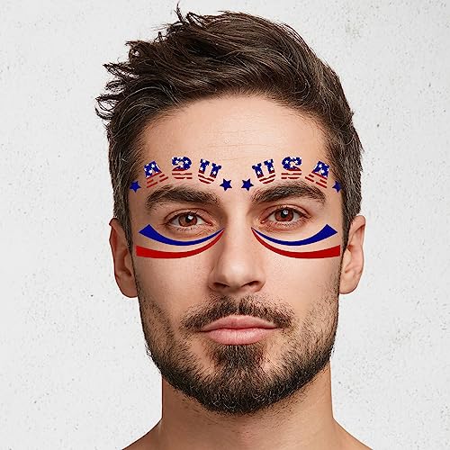 HOWAF 4th of July Face Tattoo Stickers, 10Pcs USA Independence Day Facial Makeup Stickers, Patriotic Fake Tattoos, Waterproof, Red, White, Blue