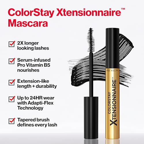 Revlon ColorStay Xtensionnaire Lengthening Lash Serum and Mascara In One, Tapered Brush for 2X Longer Looking Eyelashes, Infused with Pro Vitamin B5, Smudge-Proof, 201 Blackest Black