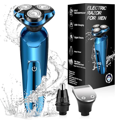 Electric Razor for Men, IPX7 Waterproof 3D Rotary Shaver, Rechargeable Cordless Shaver for Men with Wet/Dry Function & LCD Display, Ideal Shaving Gifts for Husband, Dad, Boyfriend