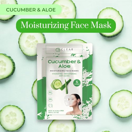 Clear Beauty Cucumber & Aloe Moisturizing Face Mask - Dermatologist Tested, Soothes Irritated Skin, Reduces Wrinkles & Fine Lines, Hydrating, Cruelty-Free Korean Skin Care - All Skin Types