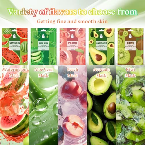 10PCS Hydrating Face Masks,Moisturizing Facial Masks for Women and Men,Fruit Overnight Facial Sheet Mask,Lightweight and Non-greasy Face Sheet Mask for All Skin Type 11