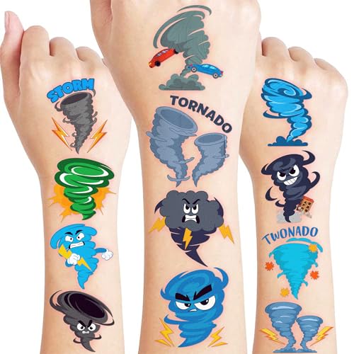 96 PCS Cute Tornado Pre-Cut Temporary Tattoos for Kids | Super Cute Themed Birthday Party Favors, Supplies, Decorations, Twonado Storm Fake Tattoo Stickers, School Rewards Prizes & Gifts Boys & Girls