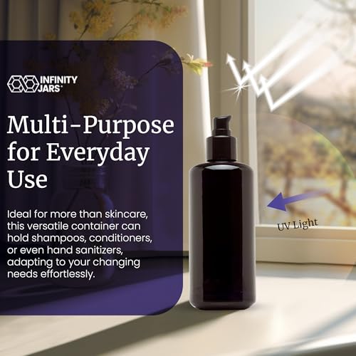 Infinity Jars Ultraviolet Glass Push Pump Bottle 200 Ml (6.8 fl oz) Refillable Containers for Lotion Homemade Cosmetics Make-up Skin Care Cream, Lotion, Shampoo, Conditioner Dispenser Bottles